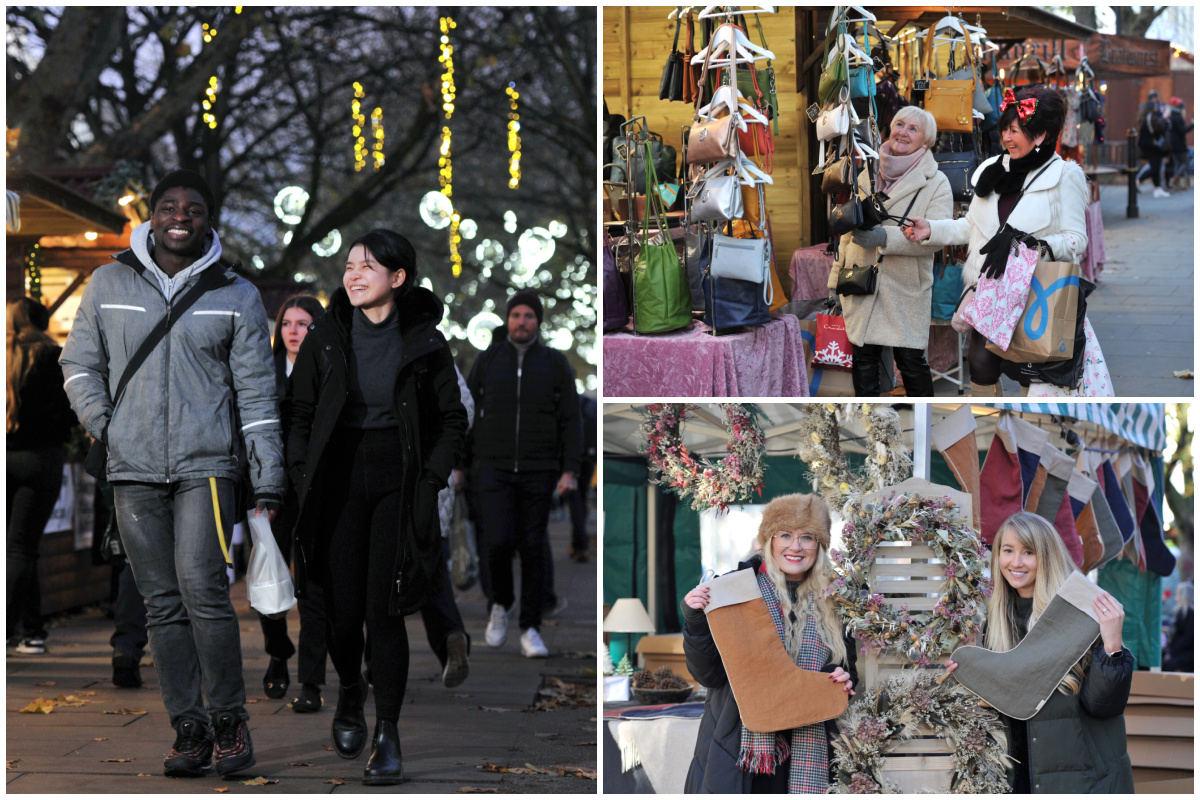 Three images of shoppers enjoying Cheltenham Christmas markets
